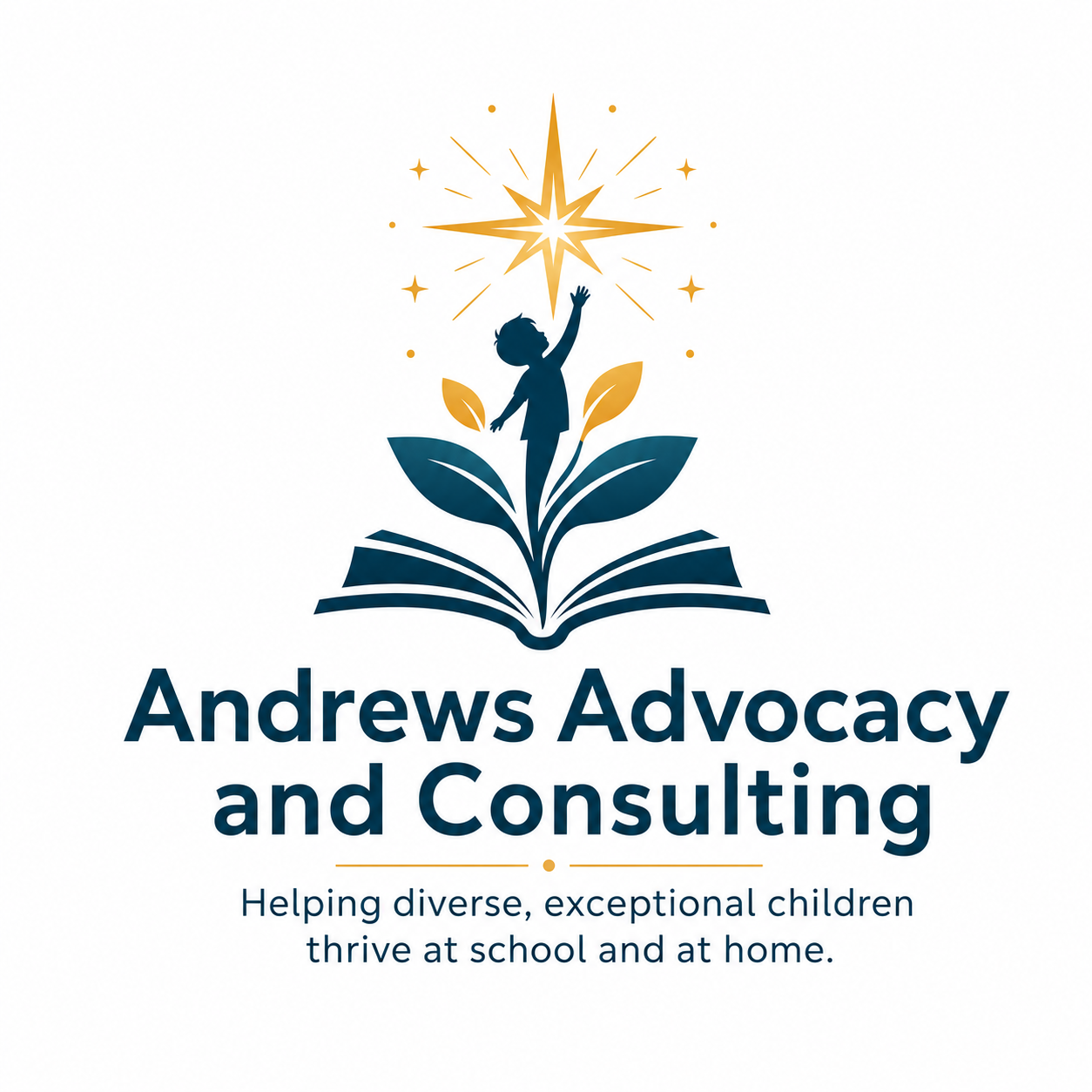 Andrews Advocacy and Consulting logo: a child reaching toward a star, growing from an open book